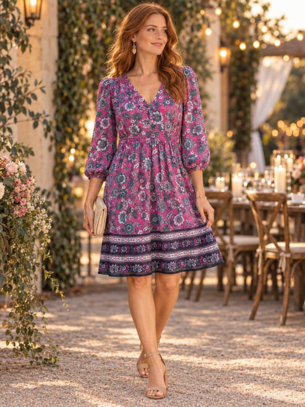 LOFT Dress Womens LP Petite Pink Floral Chiffon V Neck Tiered Wedding Guest